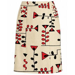 Marni Cream Red Black Geometric Floral A-Line Midi Skirt